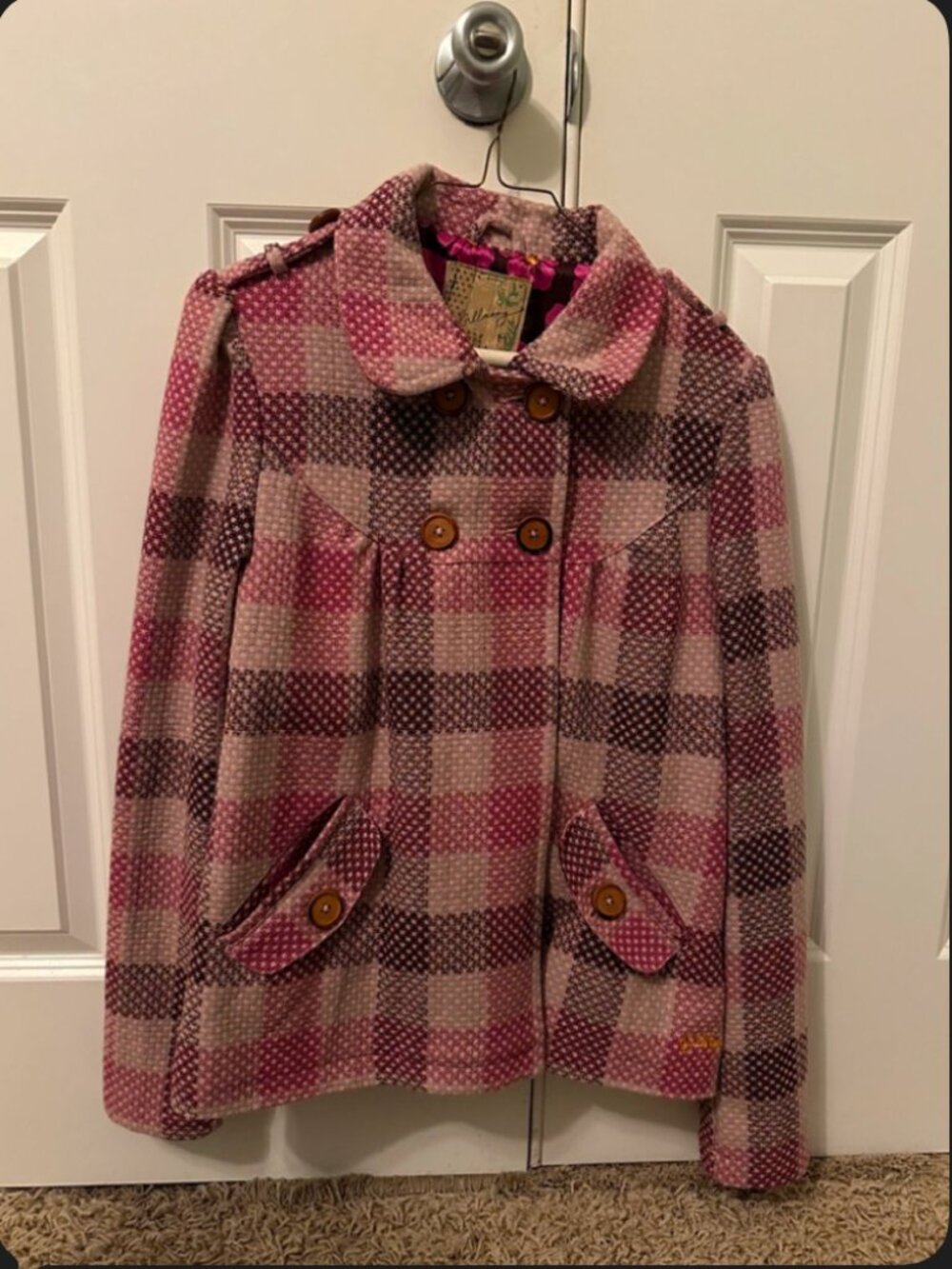 Billabong Tweed Jacket Wool Blend Plaid Peacoat Pink/Mauve - M